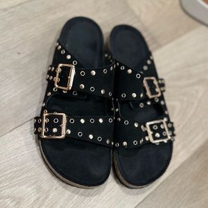 black faux Birkenstock with gold studded detail